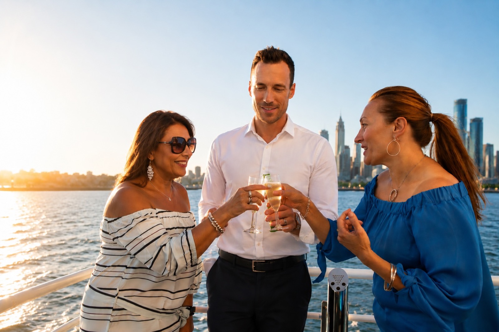 Corporate guests raising a toast on the deck of Kingfisher II
